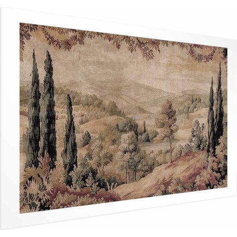 Poster – Mediterrane Landschaft – alter Wandteppich mit Hügel und See (1/4)