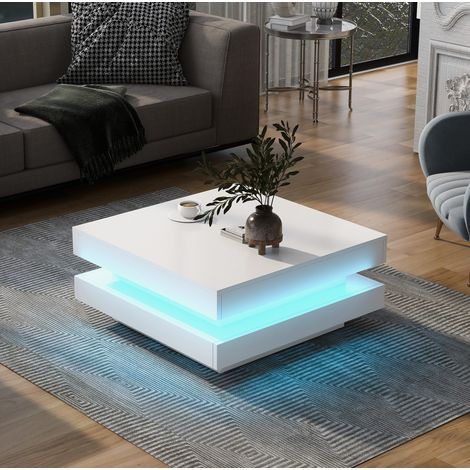 Mesa de centro cuadrada blanca 70 x 70 x 36 cm con LED Bluetooth y alimentación USB DESVIAE (1/5)