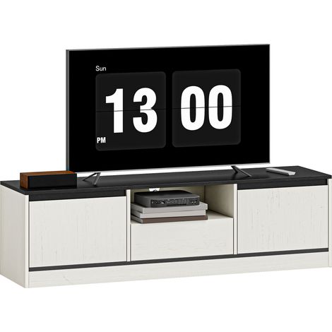 Meuble TV - meuble télé - HOMCOM - pour Télévision 60", 2 armoires, 1 étagère ouverte, 1 tiroir - bois - 140x35x40cm - noir blanc (1/5)