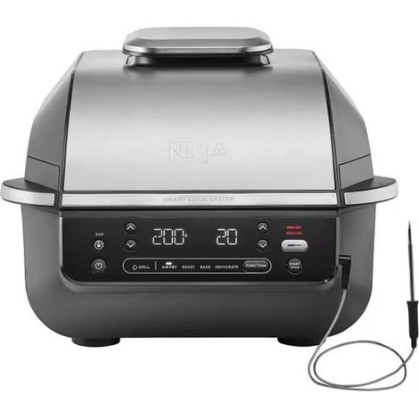 Ninja 5-in-1 friggitrice ad aria de e grill de all'interno, 5 funzioni de cottura senza fumo, cuoce fino a 4 hamburger, capacità de 5,7 l, incluso digital termometro per carne, nero/argento, EG351EU