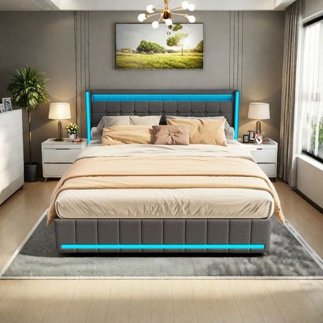 Polsterbett 160x200 cm, Doppelbett 160x200 cm mit LED und 4 Schubladen, Bett 160x200 cm, Lattenrost, USB, Leinenstoff, Grau
