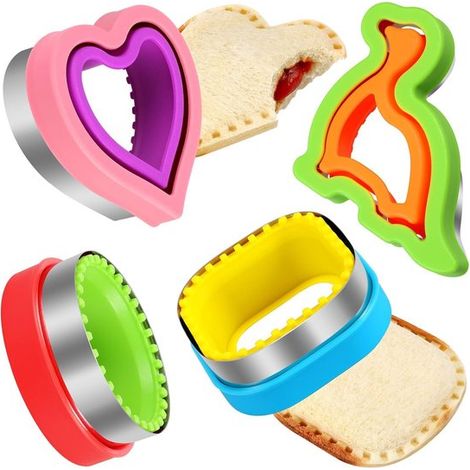 Set per tagliare e sigillare sandwich, 4 pezzi, taglia pane a forma di cuore, quadrato, rotondo e dinosauro, taglia biscotti fai da te per bambini (1/5)