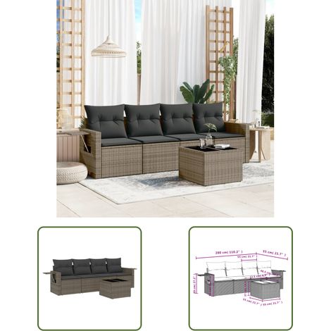 The Living Store 5-tlg. Garten-Sofagarnitur mit Kissen Grau Poly Rattan - Gartenmöbel - PE-Rattan Möbel - Outdoor Lounge Set - Sofasatz - Esszimmergarnitur (1/3)
