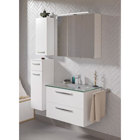 Badmöbelset inkl. Glaswaschbecken und LED Aufbauleuchte TRENTO-66 in weiß Glanz, B/H/T: ca. 122/200/50 cm (1/5)