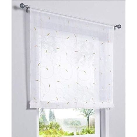 1 Pièce Rideau de Fenêtre Broderie Floral Raffrollo Haut Qualité Voile Décoration de la Chambre Salle de Bain Balcon (Kaki, 80x100cm)-Ensoleillé