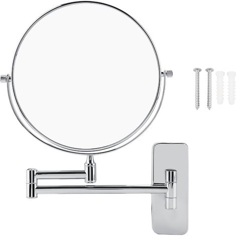 Miroir cosmétique mural double face pivotant 360° laiton massif grossissement 10x diamètre 20cm finition argentée salle de bain (1/4)