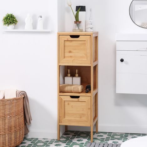 Meuble de salle de bain 30x30x90 cm bois naturel en bambou avec 2 tiroirs amovibles et fixation murale (1/5)