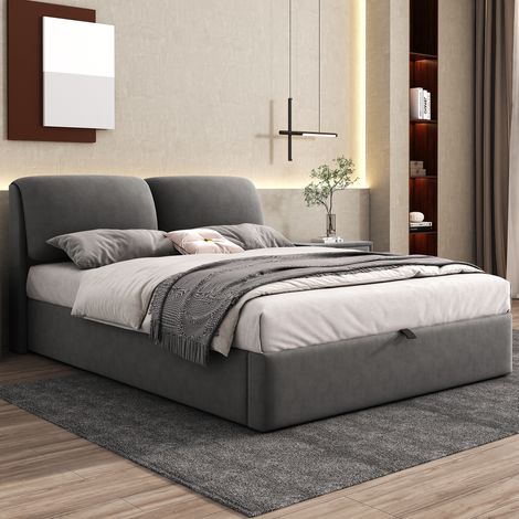 Bett mit Stauraum Samt Grau 140x200 cm, mit hydraulischem Bettkasten, 3 Schubladen und Lattenrost (1/5)