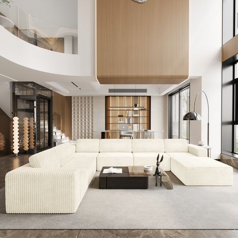 Canapé Modulaire Panoramique 7 places ouvert à droite,Velours côtelé,1 Pouf,Canapé Compressé pour Grand Salon,404x303x82cm,Beige