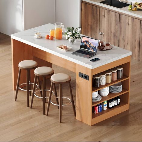 Îlot de cuisine 155 x 80 x 90 cm avec LED, prises 2x AC + 2x USB, plan de travail 40 mm, MDF (1/5)