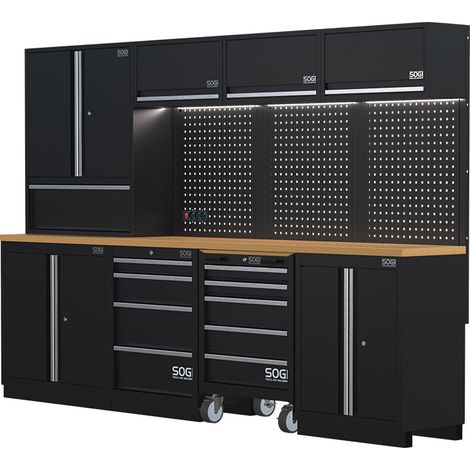 Arredamento modulare in lamiera SOGI ARR-OFF-2955-A-L per officina e garage - piano in legno - 2955x465x2000 mm (1/5)