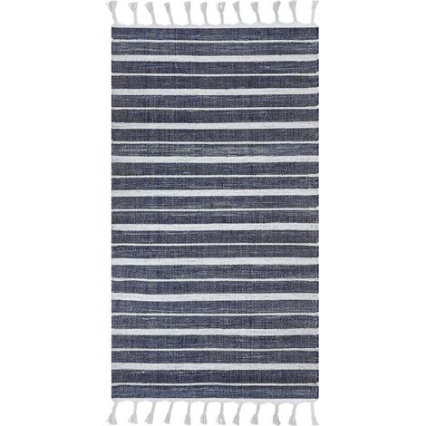Tapis Bleu Synthétique 80 x 150 cm Matières Recyclés à Pompons Rayures Bademli (1/5)