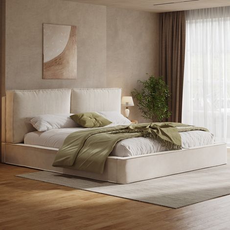 Lit double 160x200 cm avec sommier à lattes et tête de lit rembourrée, en tissu, beige, sans matelas (1/5)