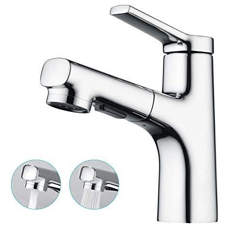 CREA Robinet Salle de Bain avec Douchette Extractible, Robinet de Lavabo Mitigeur de Pulverisation et Deux Modes D'ecoulement D'eau, Levier Melangeur Monotrou Laiton Chrome Poli (1/5)