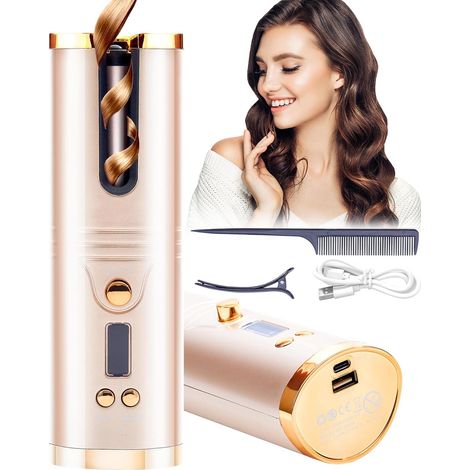 Fer a Friser Automatique sans Fil  Température Réglable de Fer à Friser Boucler Boucleur a Cheveux Automatique Portable avec Écran LCD Friseur Cheveux Rechargeable USB Fer a Friser Boucler (1/5)