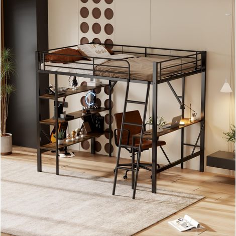 Hochbett 90x200 cm schwarz aus Metall und MDF mit Schreibtisch und 3 Ablagen (1/5)