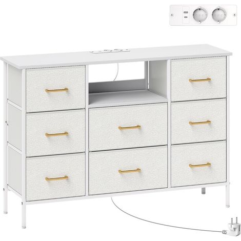 Kommode mit 8 Stoffschubladen und Ladestation 110 x 30 x 76 cm Cremeweiß MODENUIT (1/5)