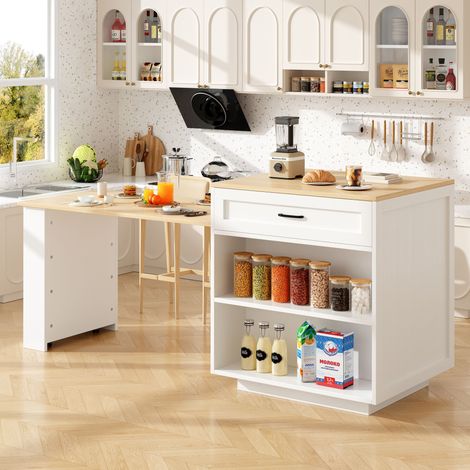 Table haute extensible avec rangement (133-202 × 70 × 93,5 cm), 2 tiroirs et 2 compartiments, îlot pour 2 à 6 personnes avec étagères latérales, blanc