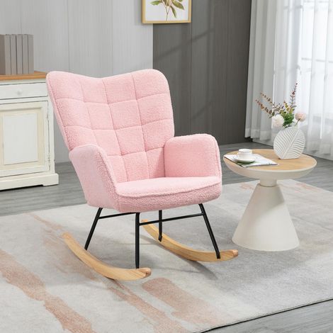 Fauteuil à bascule en tissu peau de mouton rose, assise rembourrée, charge 120kg (1/5)
