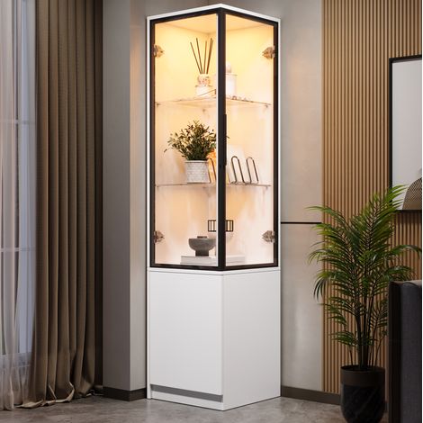 Vitrine d’angle 160 cm avec LED pilotée par application, portes vitrées, rangement, blanche (1/5)