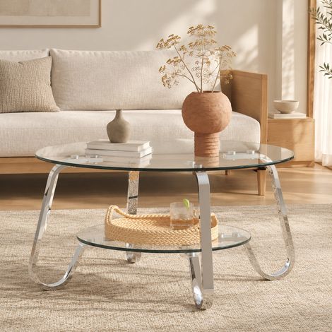 Couchtisch rund in Silber aus Metall und Glas, mit zwei Ebenen (1/5)