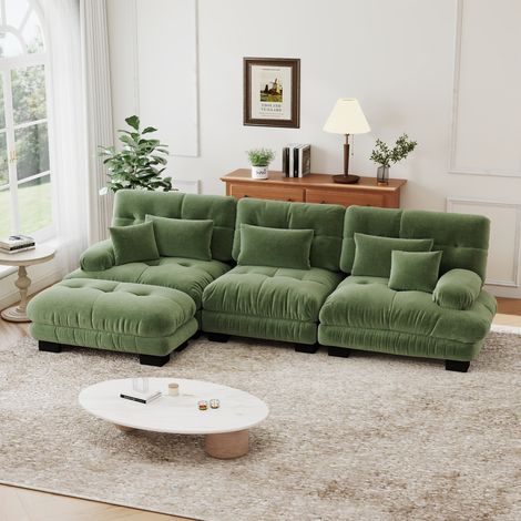 Canapé d'angle, Canapé 2 places, Canapé de salon avec 2 coussins lombaires, 2 coussins décoratifs, 2 repose-pieds, chenille, canapé tapissé nuage, 313x145x81 cm, Vert (1/5)
