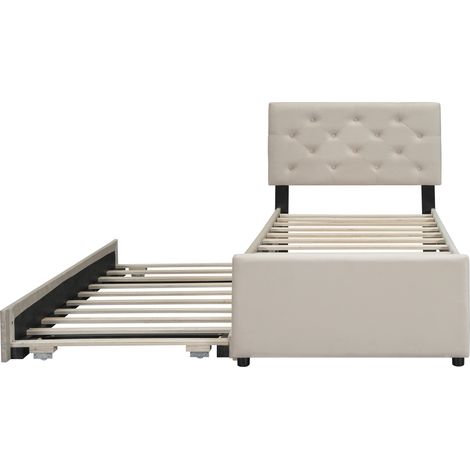 Lit capitonné 90x200 cm en velours beige avec sommier à lattes et lit gigogne (1/5)
