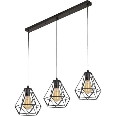 MOGOD Suspension style Rétro Ø20cm 3 Têtes Lampe Abat - Jour Cage forme Diamant en Métal Noir Vintage Lustre Intérieur Industriel (1/4)