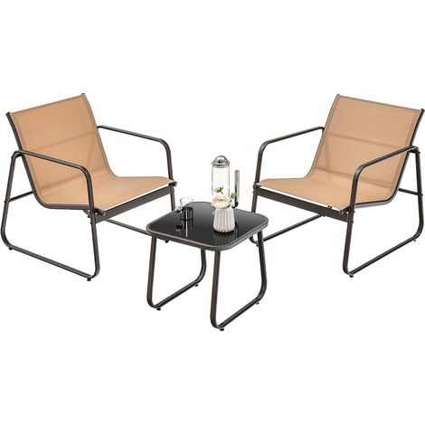 3 Pieces Patio Conversation Set Outdoor Metal Chair & Table Set Glass Tabletop (1/5)