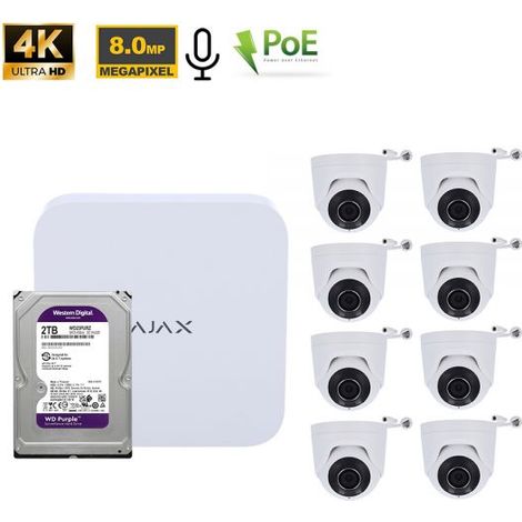 Ajax Kit videosorveglianza NVR 8 Canali + Telecamere TurretCam 8Mp Bianco + HDD 2Tb - 70936 NR.08 Telecamere