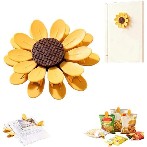 Lot de 10 aimants pour réfrigérateur - Pinces alimentaires - Pinces de fermeture - Pince magnétique - Pinces à sachets en forme de pétale - Forme de tournesol - Pour les en-cas, documents, photos et n (1/5)