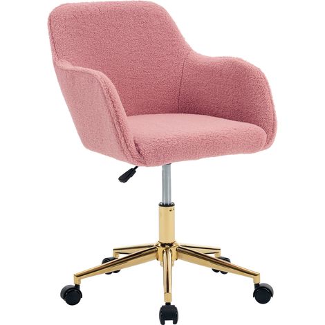 Silla de oficina giratoria de tejido teddy rosa con base dorada y altura regulable (1/5)