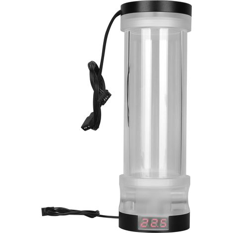 Réservoir de refroidissement liquide transparent de 210 mm avec affichage de la température, compatible avec les systèmes de refroidissement liquide à eau et orifice G1/4, éclairage RGB noir et rouge.