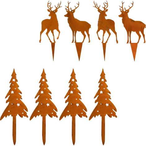 Gartenstecker Hirsch und Tanne mit Edelrost 8er Set - 2x 28 cm 2x 20 cm - Weihnachts Pflanzenstecker aus Metall mit Rost Patina