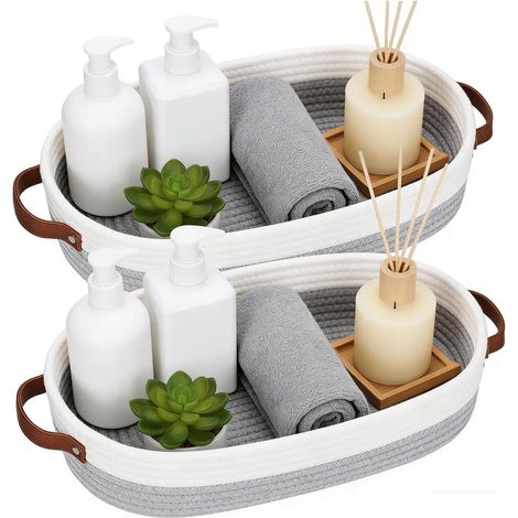 Basket of Storage, Rope in Cotton Basket Braided, 2 Pieces  33 x 15 x 10 cm Box Storage Bathroom, Baskets in Rope of Cotton Multifunction Gray Pale, for Bathroom, Bedroom (1/5)