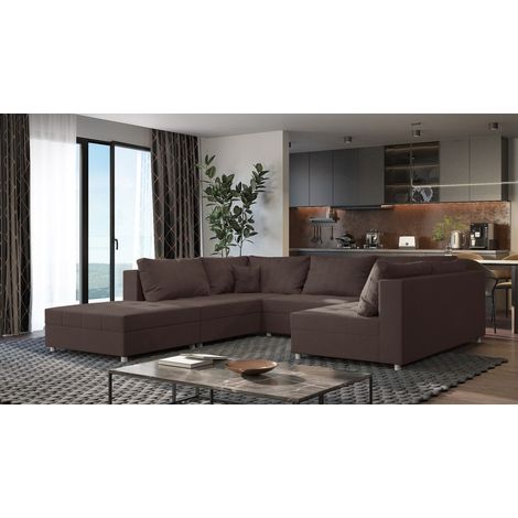 Wohnlandschaft Sofa ANDRO Schlaffunktion und Hocker Stoff Lincoln Schokobraun (1/5)