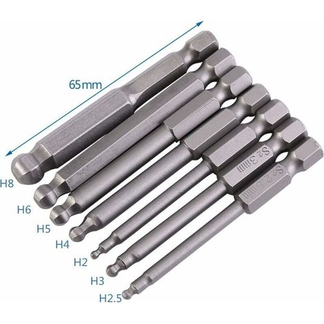 Lot de 7 Embouts de Tournevis Hexagonaux à Extrémité Sphérique, Embouts Allen à Tête Sphérique Magnétique 2 Mm 2,5 Mm 3 Mm 4 Mm 5 Mm 6 Mm 8 Mm Tige Hexagonale 1/4&34 Longueur 65 Mm