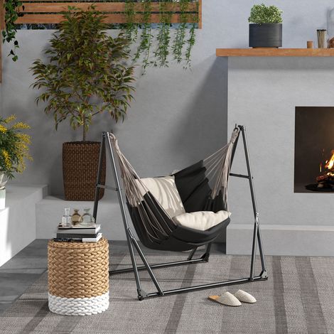 Support pliable 2 en 1 pour hamac et chaise suspendue, avec structure en métal et sac de transport, noir.