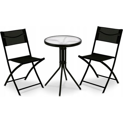 Ensemble de mobilier de jardin : table ronde en verre de 50 cm et 2 chaises pliantes Tadar Patio
