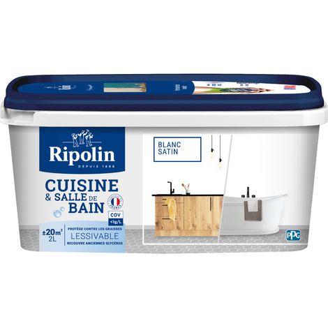 Ripolin – Peinture murale satin pour cuisine et bain – Ultra lessivable – Haute résistance eau et tâches – 2L – Blanc