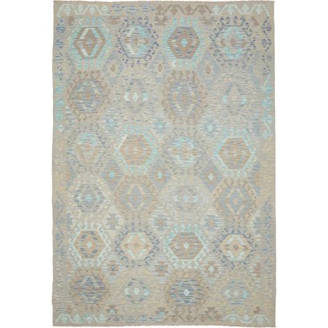 Tapis kilim 204 x 298 cm, motif géométrique, gris, beige et bleu, en laine naturelle, tissage plat artisanal (1/5)