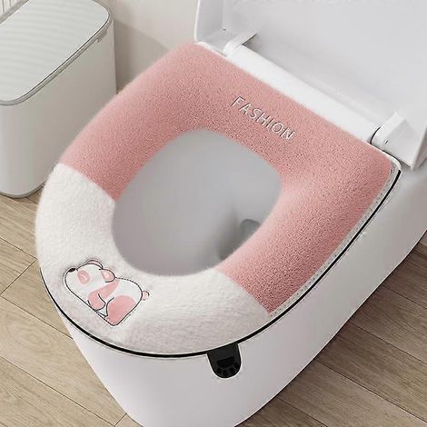 Housse de siège de toilette douce, épaisse, chaude et lavable, avec fermeture éclair et poignée pour salle de bain (rose) (1/5)