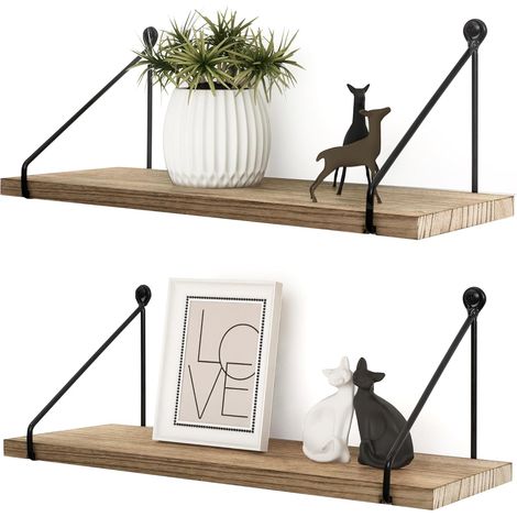 Étagères Murales Rustiques Modernes en Bois et Métal Noir, Lot de 2 Pour exposer livres, plantes, bougies et objets décoratifs dans le salon, la chambre, la cuisine ou la salle de bain
