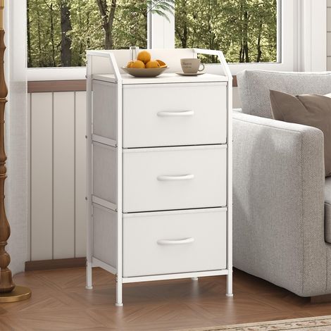 Cassettiera stretta in tessuto a 3 cassetti, ampia capacità contenitiva, piano in legno e struttura in metallo, per soggiorno e camera, bianco