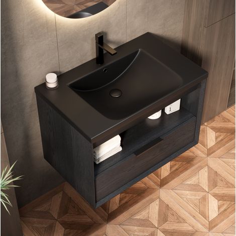 Hängender Waschtischunterschrank 75 cm mit schwarzem Keramikwaschbecken, Schublade, dunkle Eiche (1/5)
