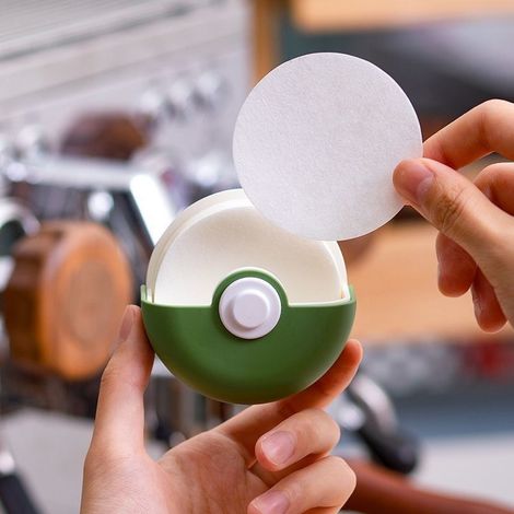 Boîte de rangement verte + 100 feuilles de papier filtre (58 mm)Support de rangement pour filtres ronds pour cafetière italienne, boîte de rangement en filet pour la distribution d'eau, poignée pour m (1/5)