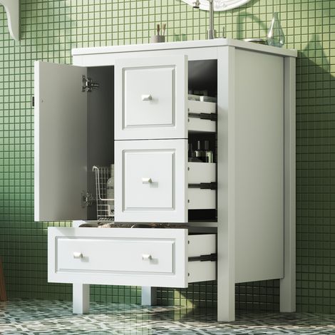 Lavabo sur pied blanc avec vasque céramique laquée, meuble salle de bain 62x47x90cm, grand rangement, tiroirs coulissants silencieux, charnières amorties, finition brillante. (1/5)