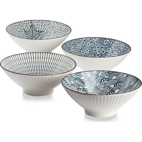 Lot de 4 bols à ramen japonais en céramique pour céréales, soupe, Pho, nouilles - Bleu et blanc, 20,3 cm (1/4)