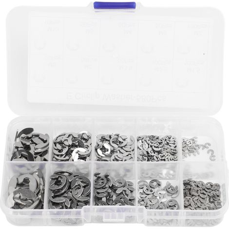 Ensemble de 580 rondelles circlips E avec boîte de rangement, en acier inoxydable, fixation ferme, couleur argent. (1/5)