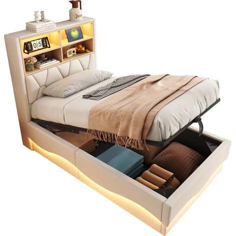 CHICFURN Lit enfant avec rangement eclairage connecte et port de charge beige 90 x 200 cm (1/5)
